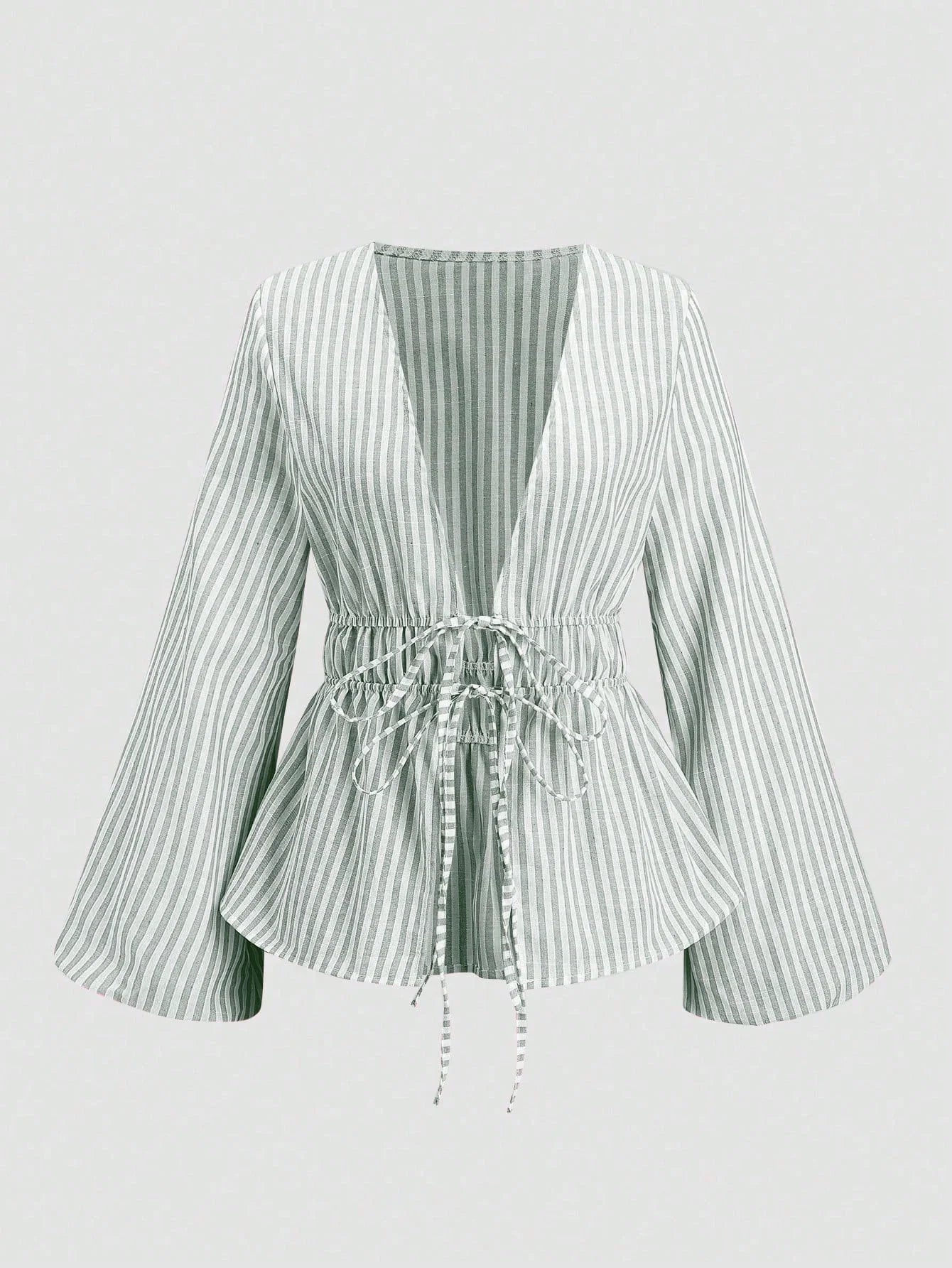 Women's Striped Wrap Blouse with Back Tie and Wide Sleeves