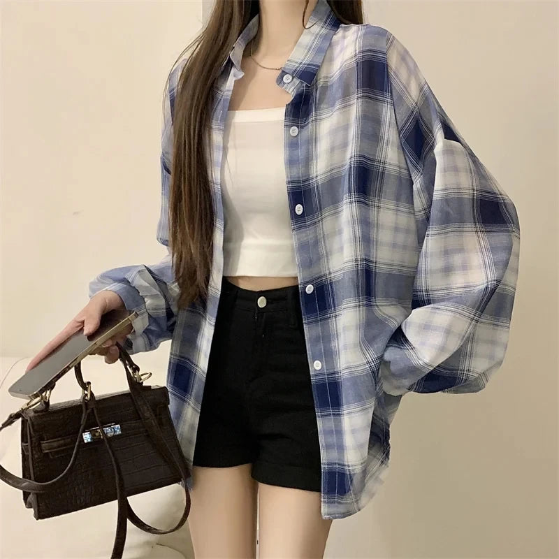 Women's Sheer Checked Short Sleeve Button Front Shirt