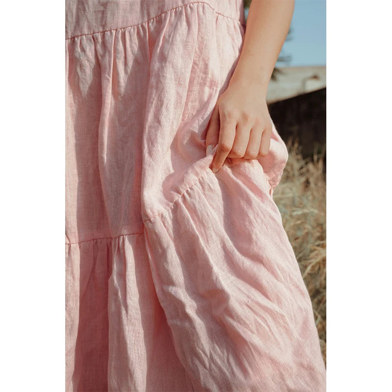 Women's Cotton-Linen Sleeveless Loose A-Line Midi Dress with Ruffles for Summer Outfits