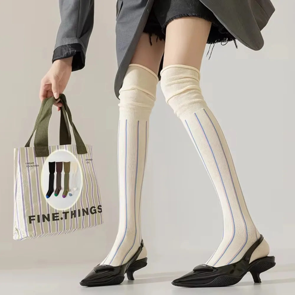 Vertical Stripe Thigh High Socks with Contrasting Toe Colors
