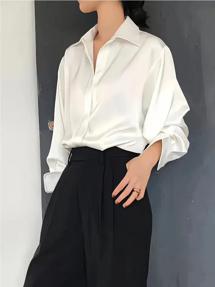 Women's Long Sleeve Button Front Satin Look Shirt