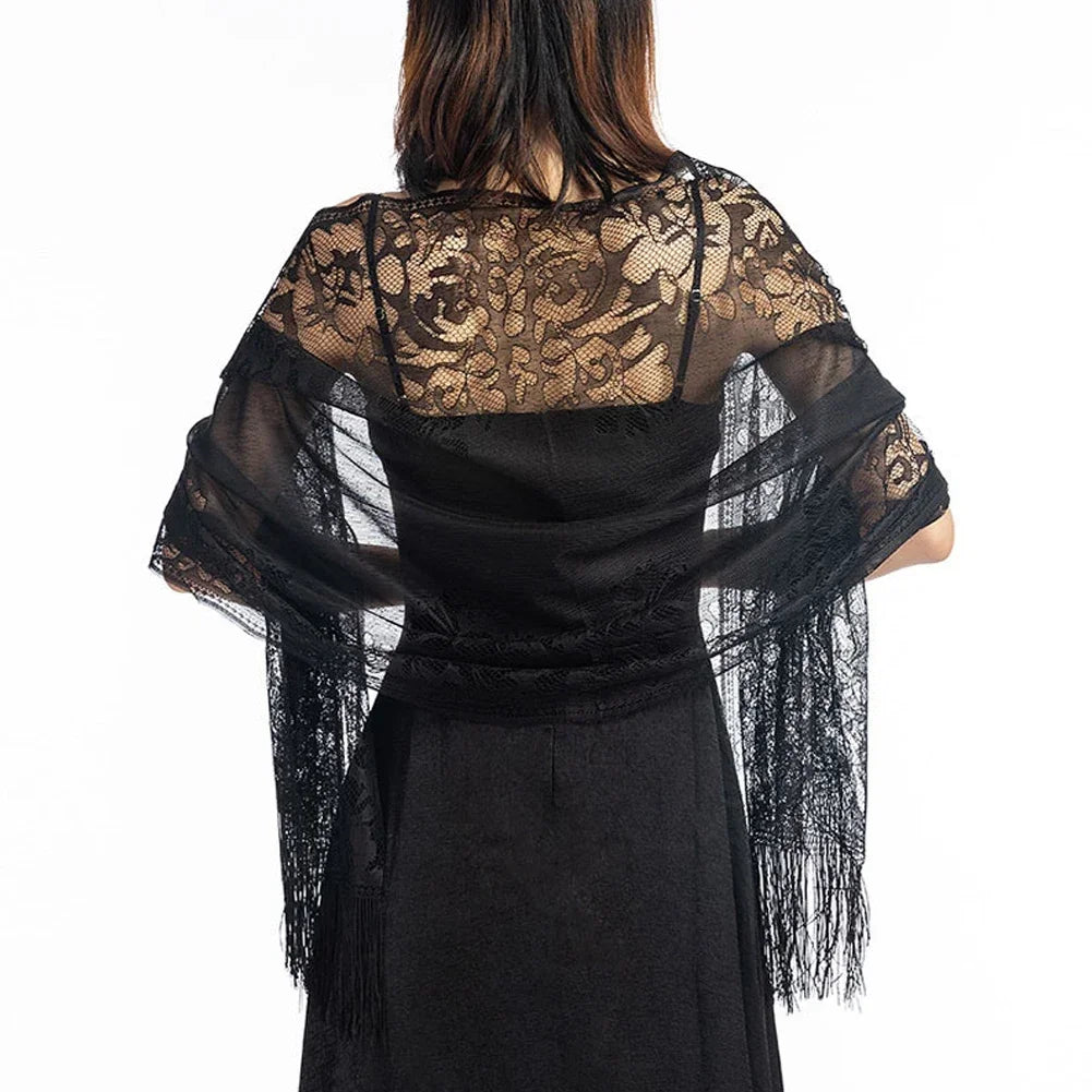 Floral Lace Fringed Wrap Scarf for Layering over Outfits