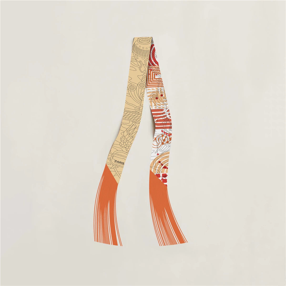 Printed Narrow Ribbon Scarf with Decorative Fringed Ends