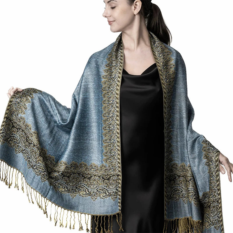 Paisley Floral Print Long Scarf with Fringed Ends