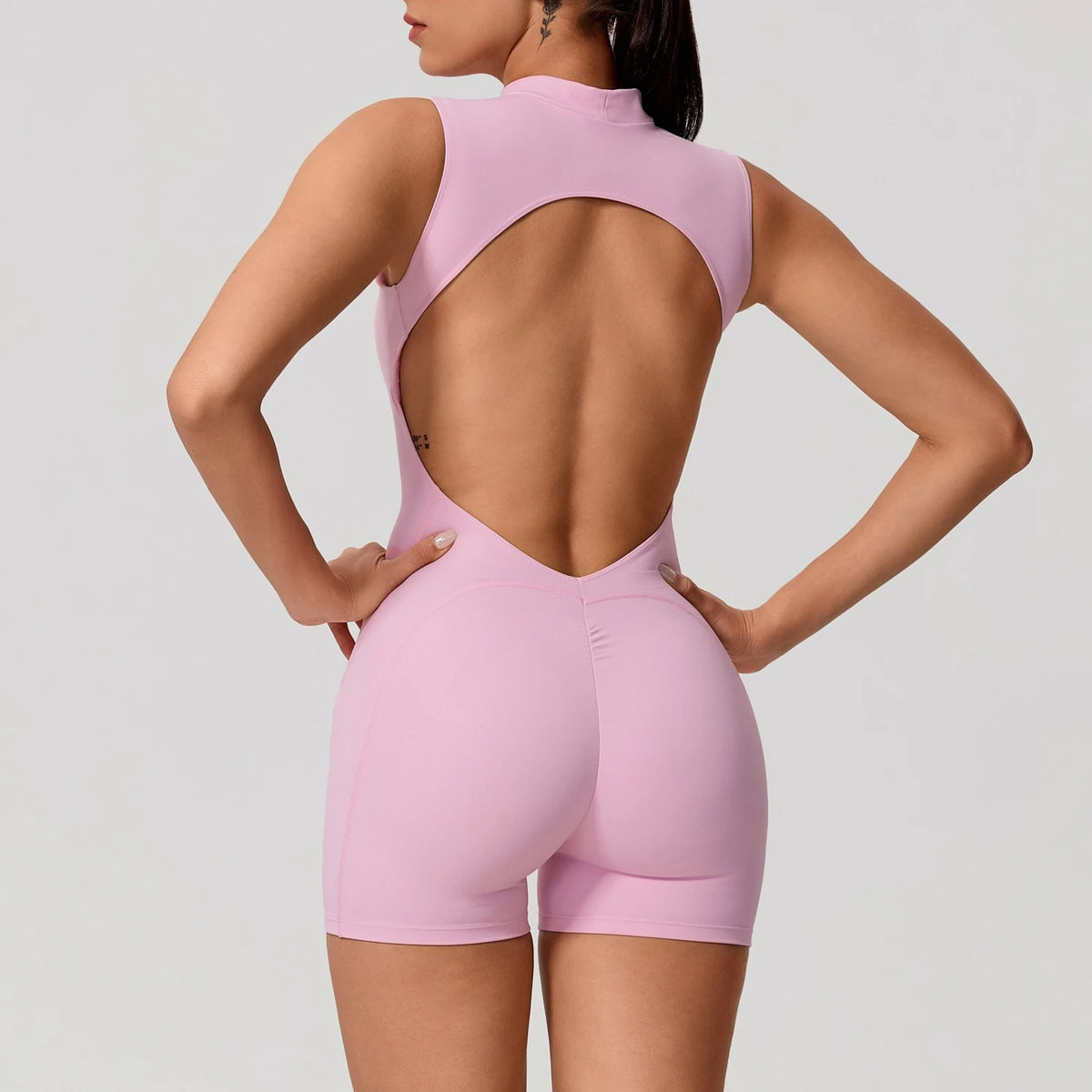 Women's Cap Sleeve Workout Romper with Open Back and Fitted Short Legs