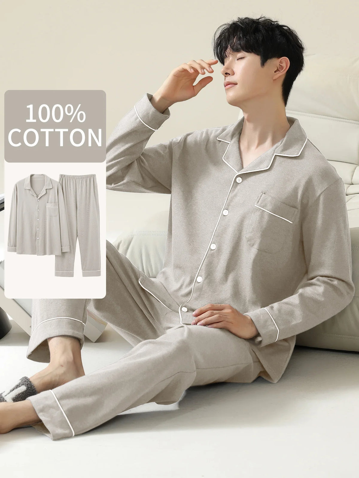Men's Button Front Long Sleeve Pajama Set for Home Wear