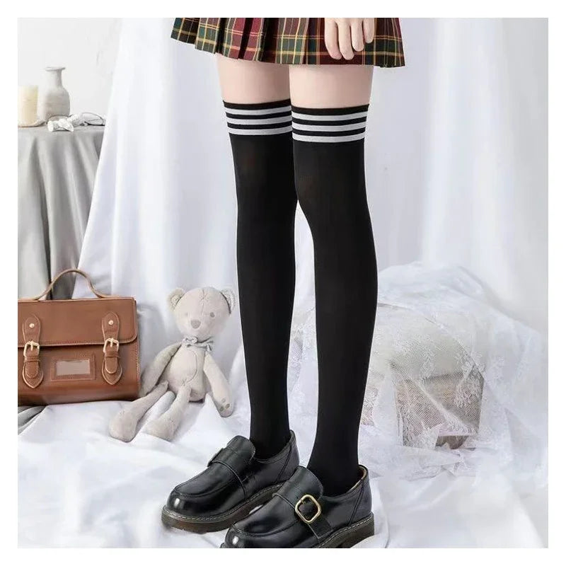 Striped Cuff Thigh High Socks with Solid Leg Shape