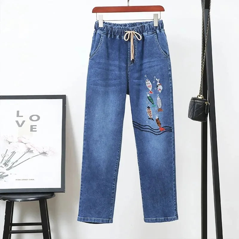 Women's Button Cuff Cropped Straight Leg Denim Jeans