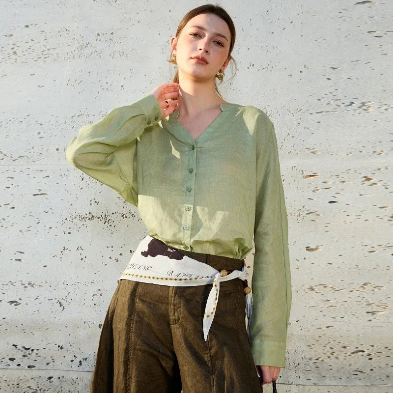 Women's Ramie Long-Sleeve V-Neck Button-Up Shirt with Loose Fit for Casual Outfits