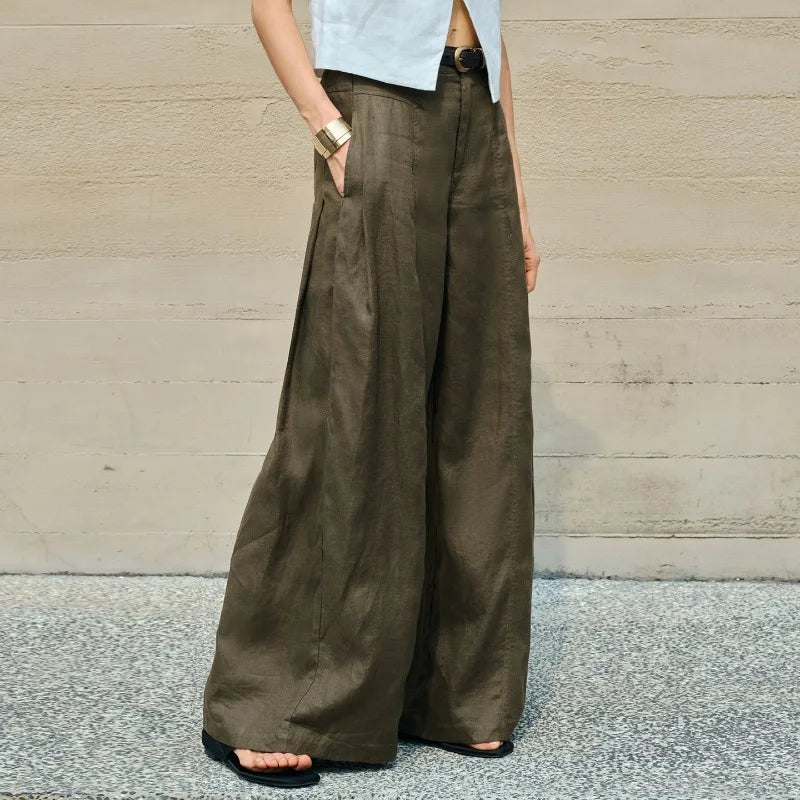 Women's Linen High-Waist Loose Wide-Leg Full-Length Pants with Pockets and Zipper Fly