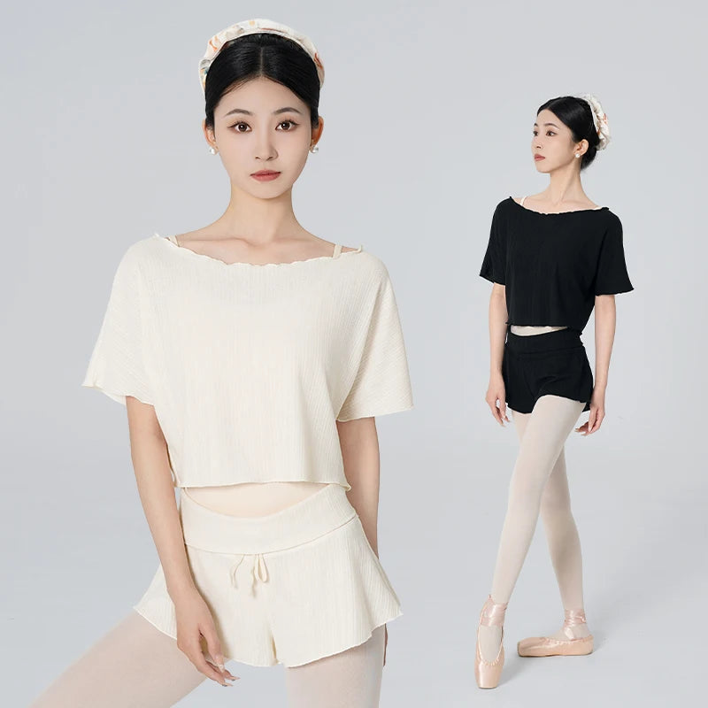 Women's Off Shoulder Cropped Ballet T-Shirt with Short Sleeve Design