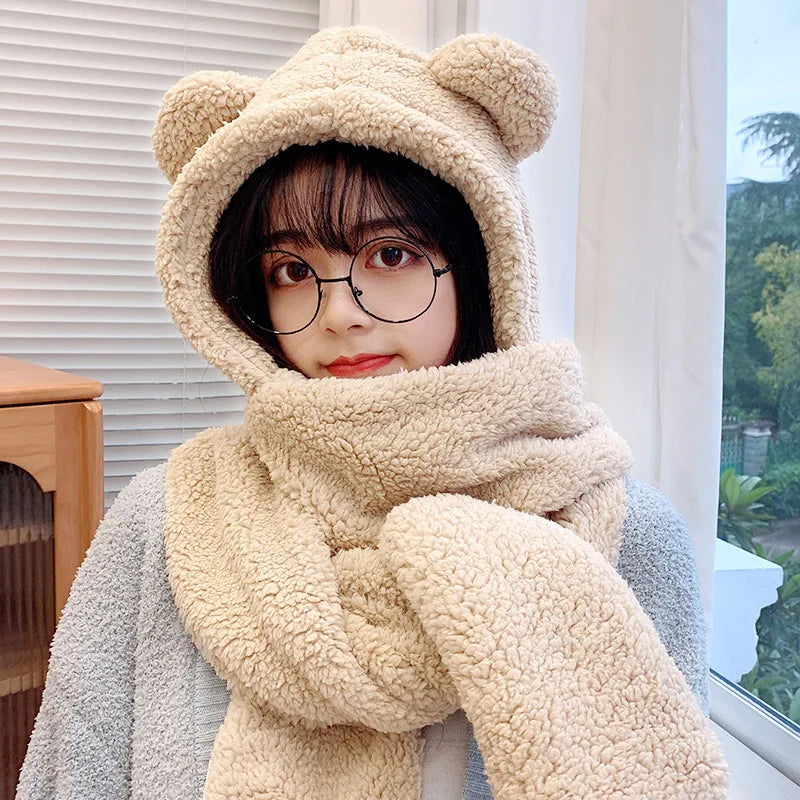Teddy Bear Hooded Plush Hat Scarf and Gloves Integrated Accessory Set