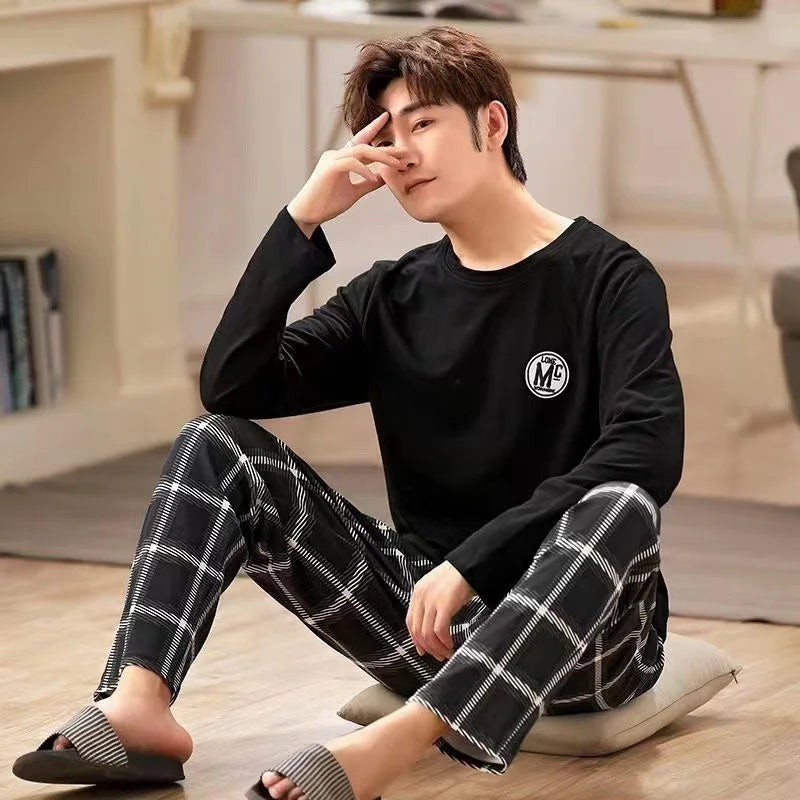 Men's Striped Long Sleeve Crew Neck Top and Pants Pajama Set
