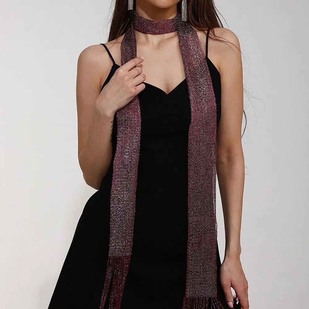 Sheer Long Narrow Scarf with Shimmer and Tassel Ends