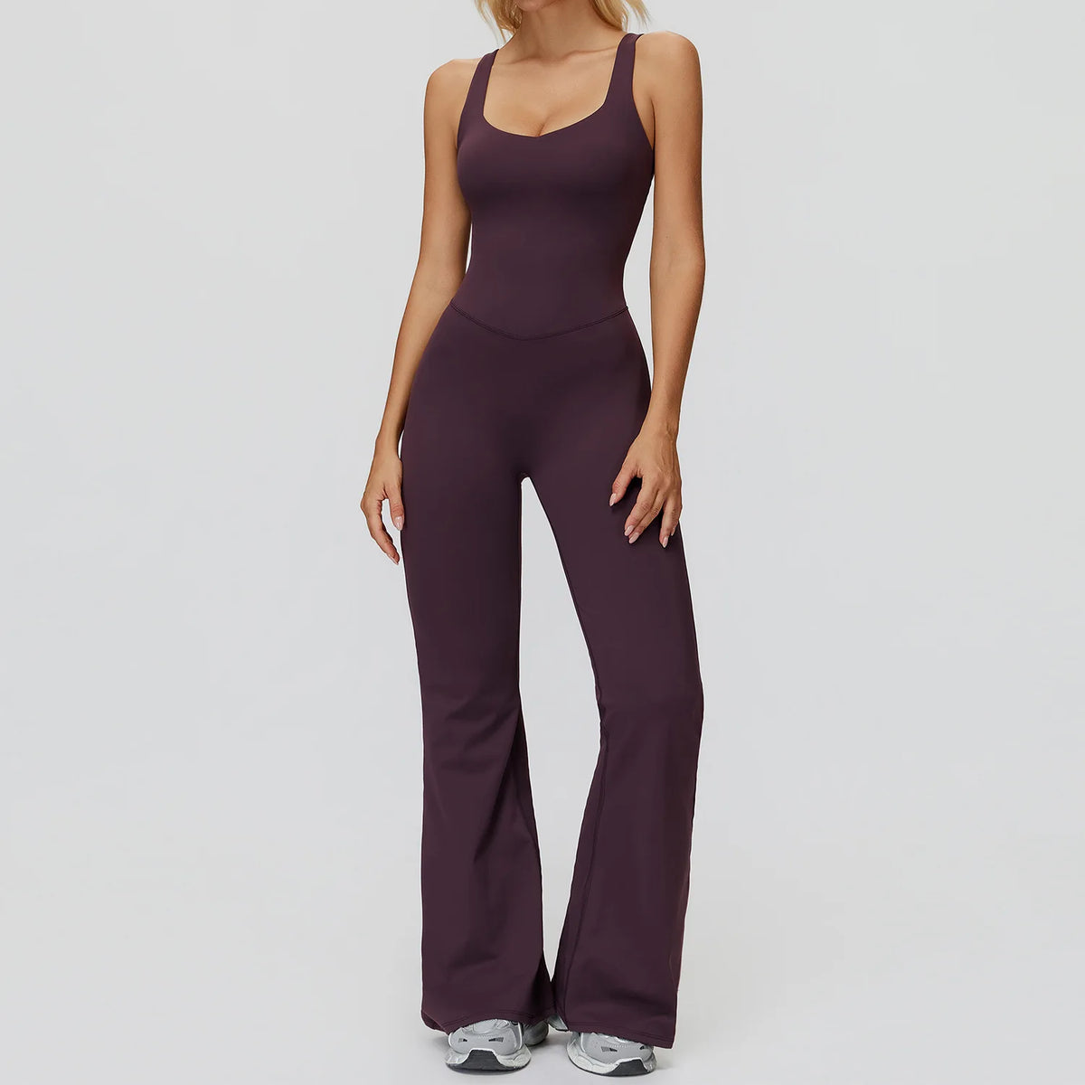 Women's Cross Back Polyester Blend Flared Workout Jumpsuit with Multiple Straps