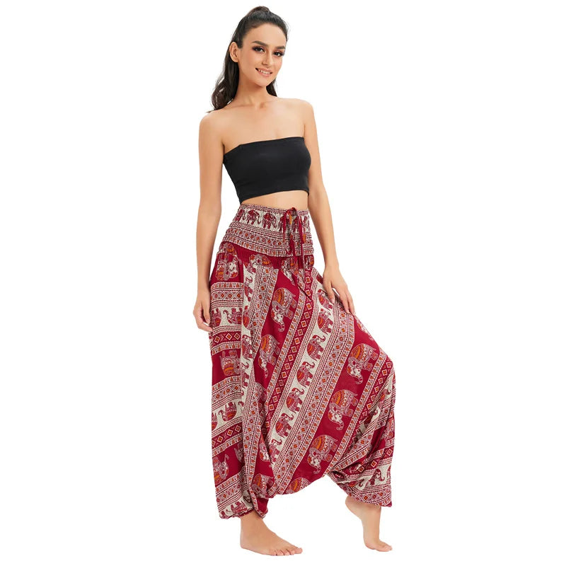 Women's Printed Rayon Harem Pants with Elastic Waist and Convertible Styling
