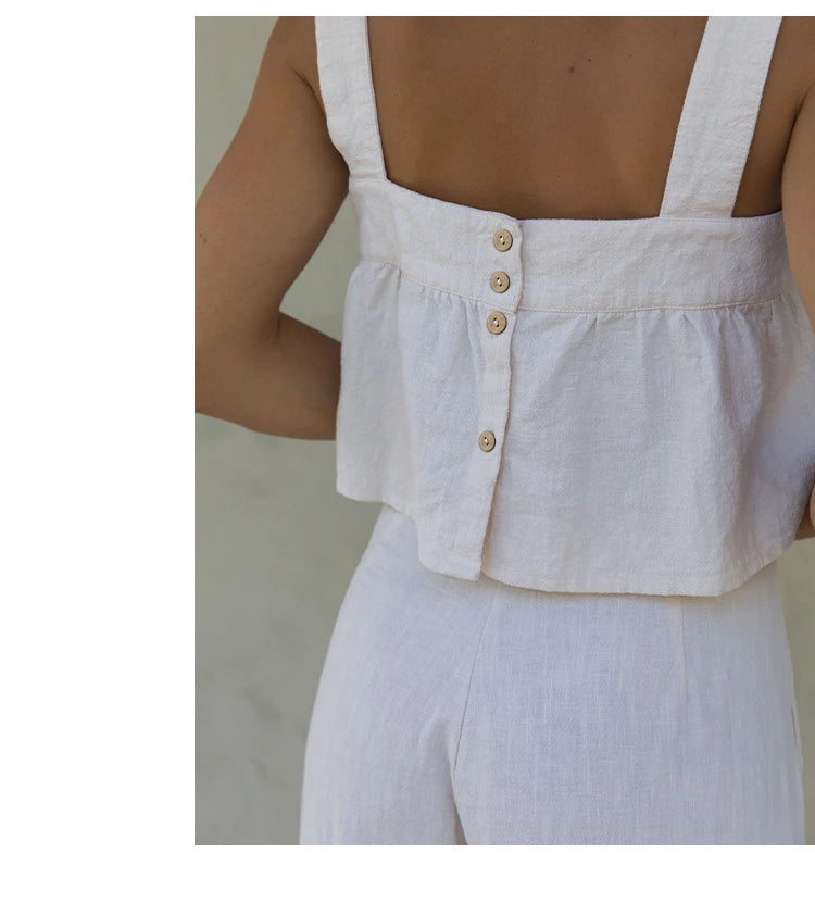 Women's Cotton-Linen Sleeveless Cropped Camisole Top with Button Detail for Summer Outfits