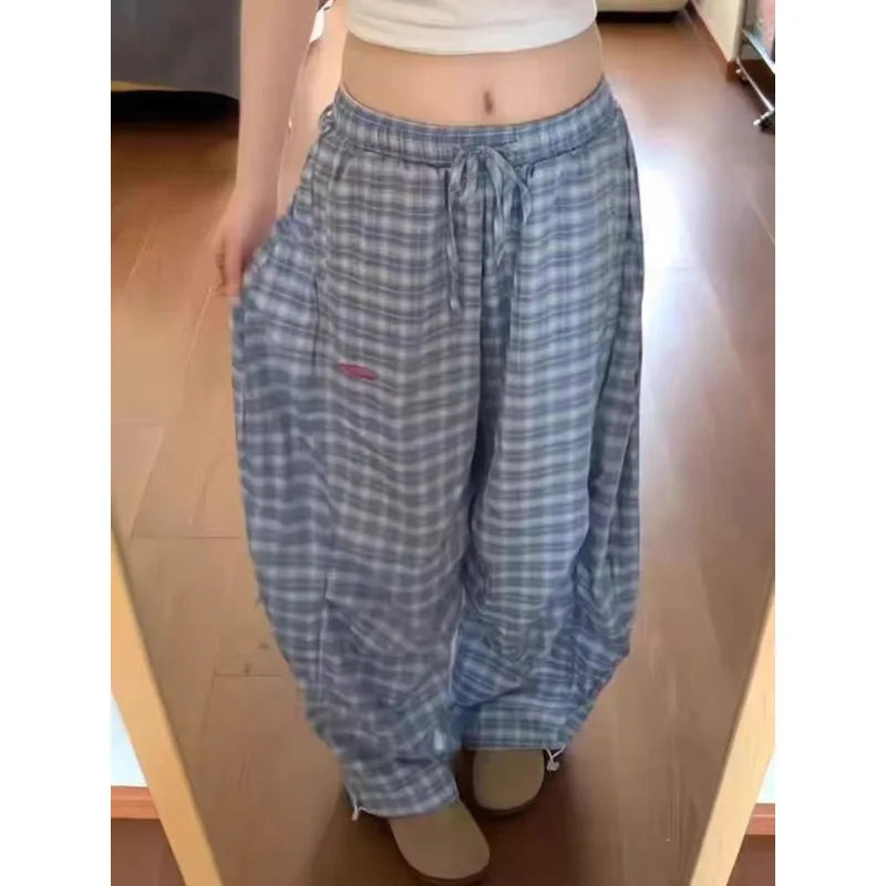 Women's Blue Check Pants with Drawstring Waist and Wide Legs