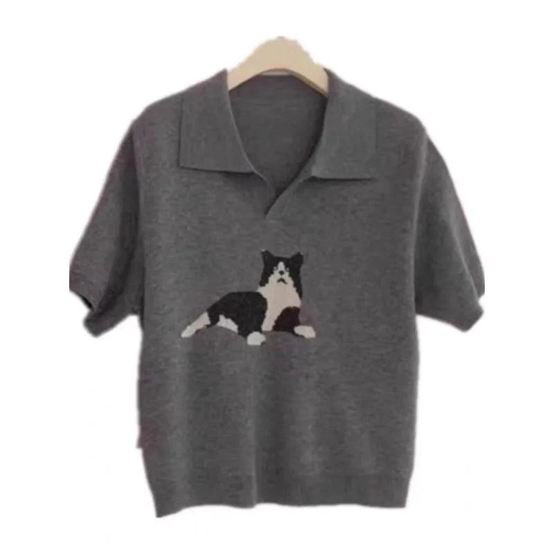 European vintage cat jacquard cashmere knitted short-sleeved women's lapel front-shoulder wool T-shirt, half-sleeved short top