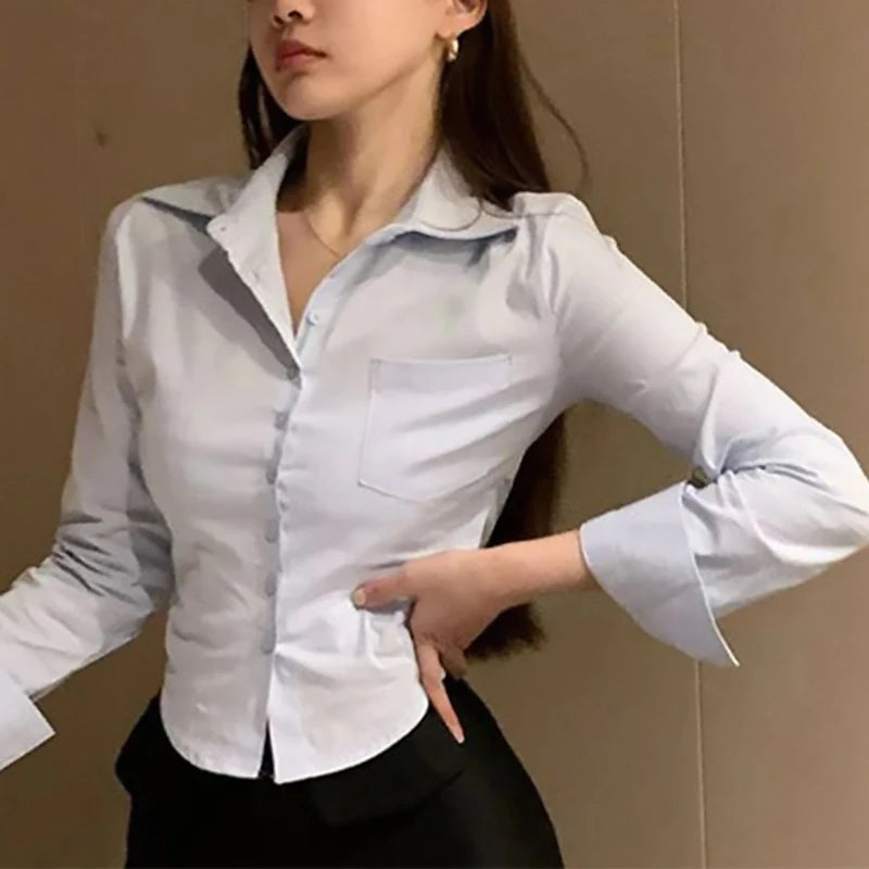 Women's Long Sleeve Button Front Pocket Detail Shirt