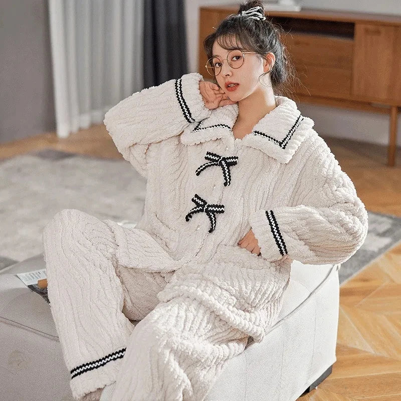 Women's Bow Fastened Long Sleeve Pajama Set with Top and Pants