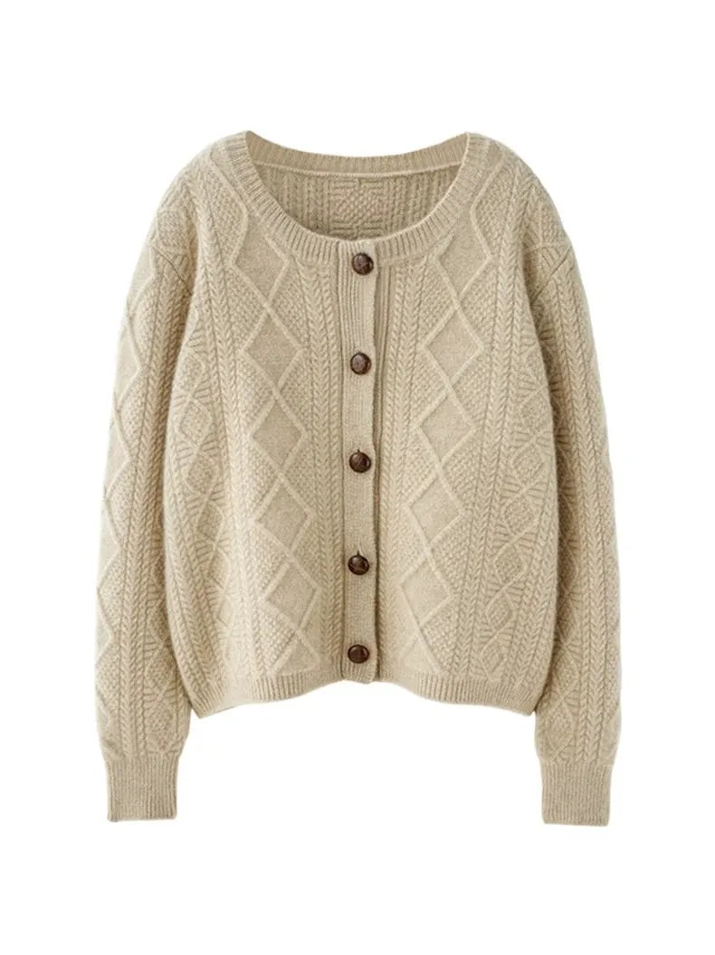 new autumn and winter cashmere twisted floral women's round neck cardigan sweater loose 100%wool