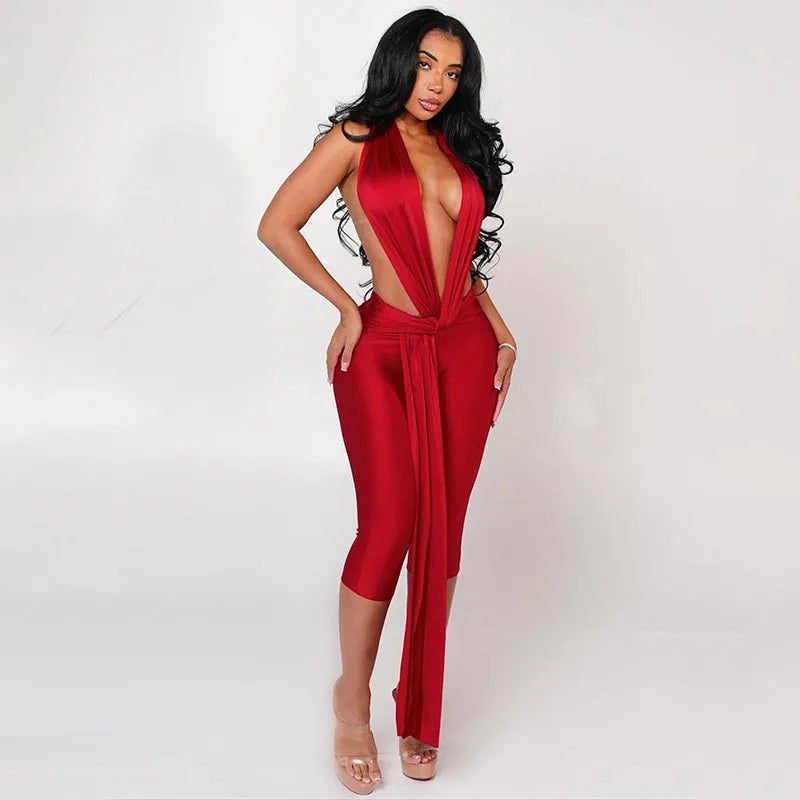Women's Plunge Halter Polyester Jumpsuit with Waist Ties and Cropped Legs