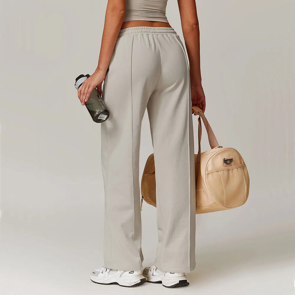 Women's Drawstring Waist Cotton Blend Wide Leg Pants with Side Pockets