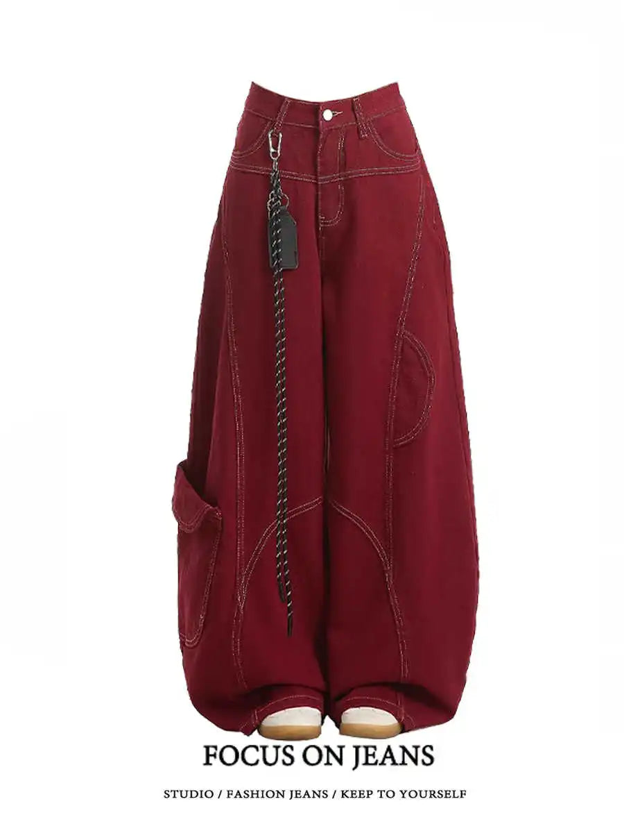 Women's Red Cargo Pocket Wide Leg Denim Jeans