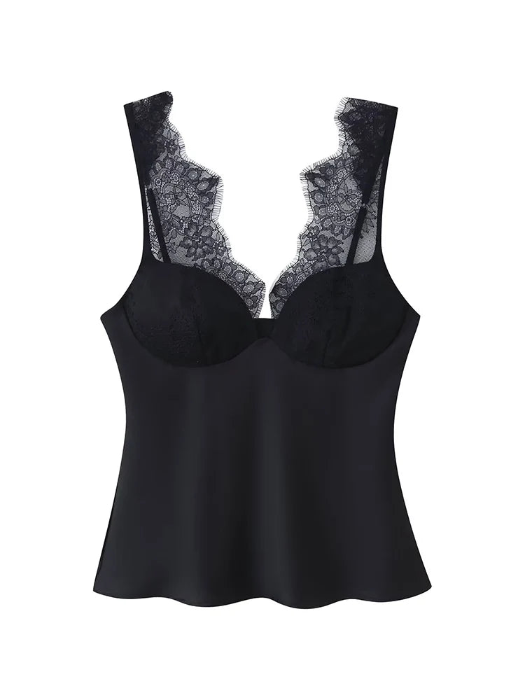 Women's Lace Neckline Polyester Camisole with Wide Straps and Shaped Bust