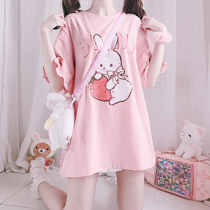 Strawberry Rabbit Graphic Ruffle-Sleeve T-Shirt