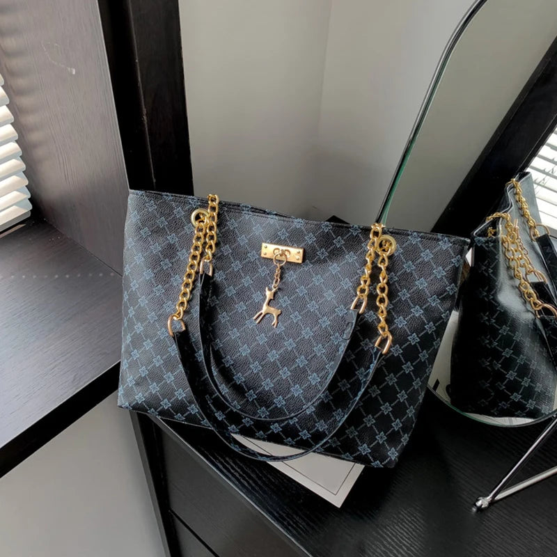 Patterned Tote Handbag with Chain Details and Shoulder Handles