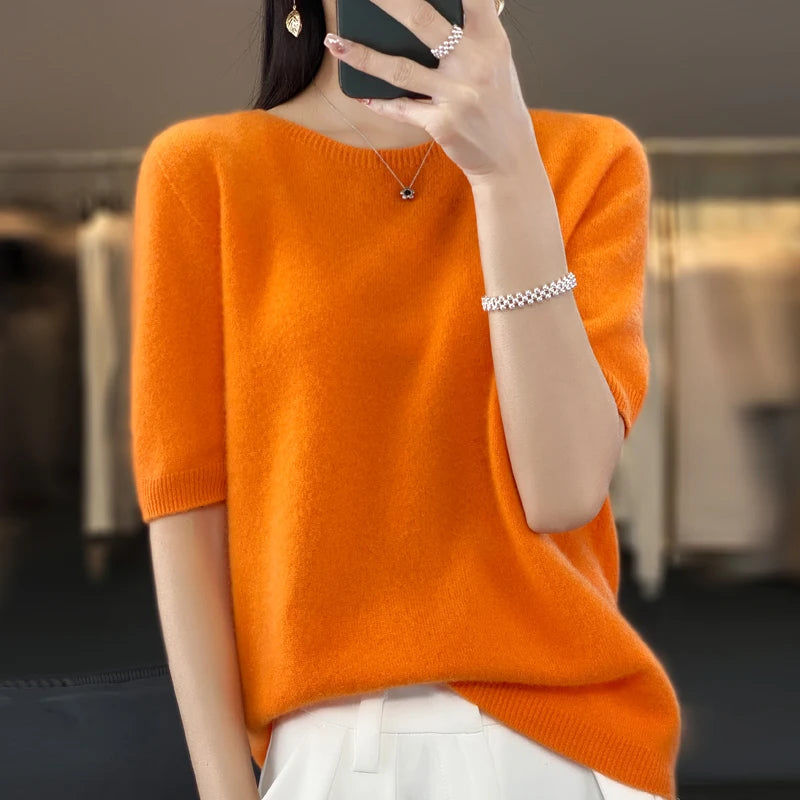 Women's Crew Neck Short Sleeve Sweater Casual Knit Layer