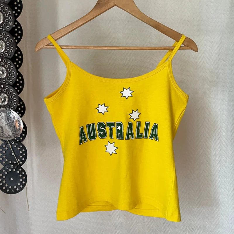 Women's Brasil Letter Print Polyester Camisole with Contrast Trim and Thin Straps