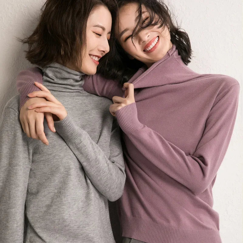 Women's Draped Roll Neck Fine Knit Sweater Casual Knit Layer