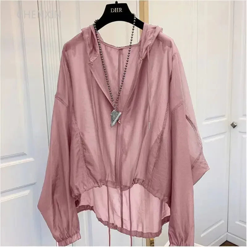 Women's Cotton-Polyester Hooded Long-Sleeve Zip-Front Thin Loose Jacket for Casual Summer Outfits