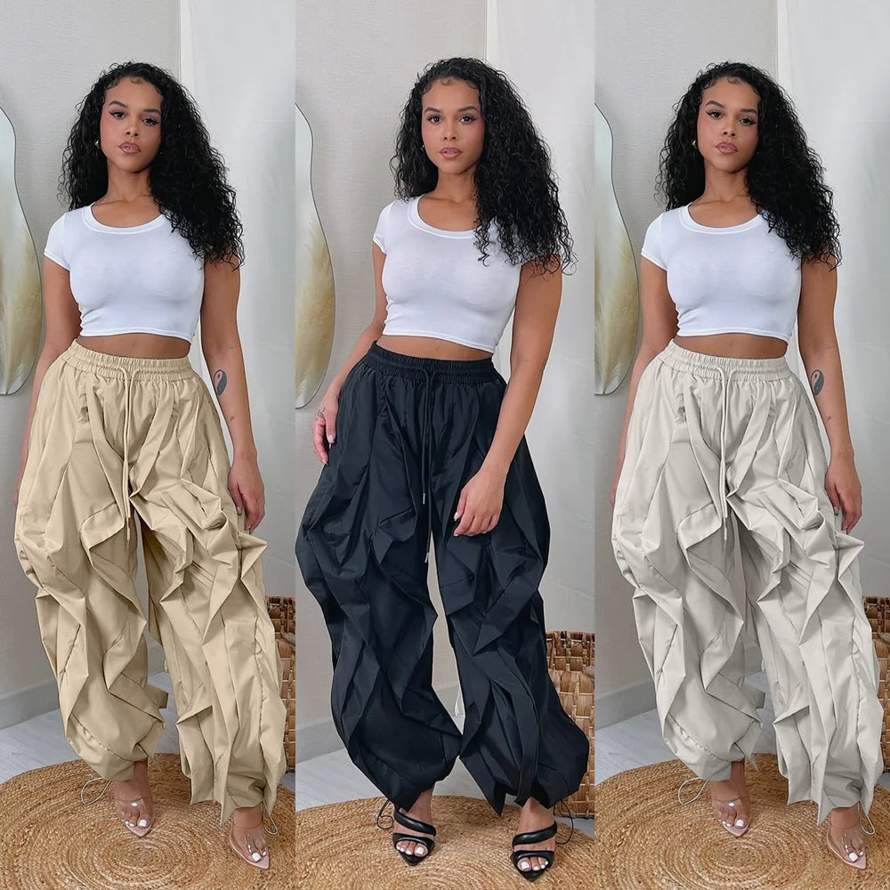 Women's Ruched Cargo Pants with Drawstring Waist and Gathered Cuffs