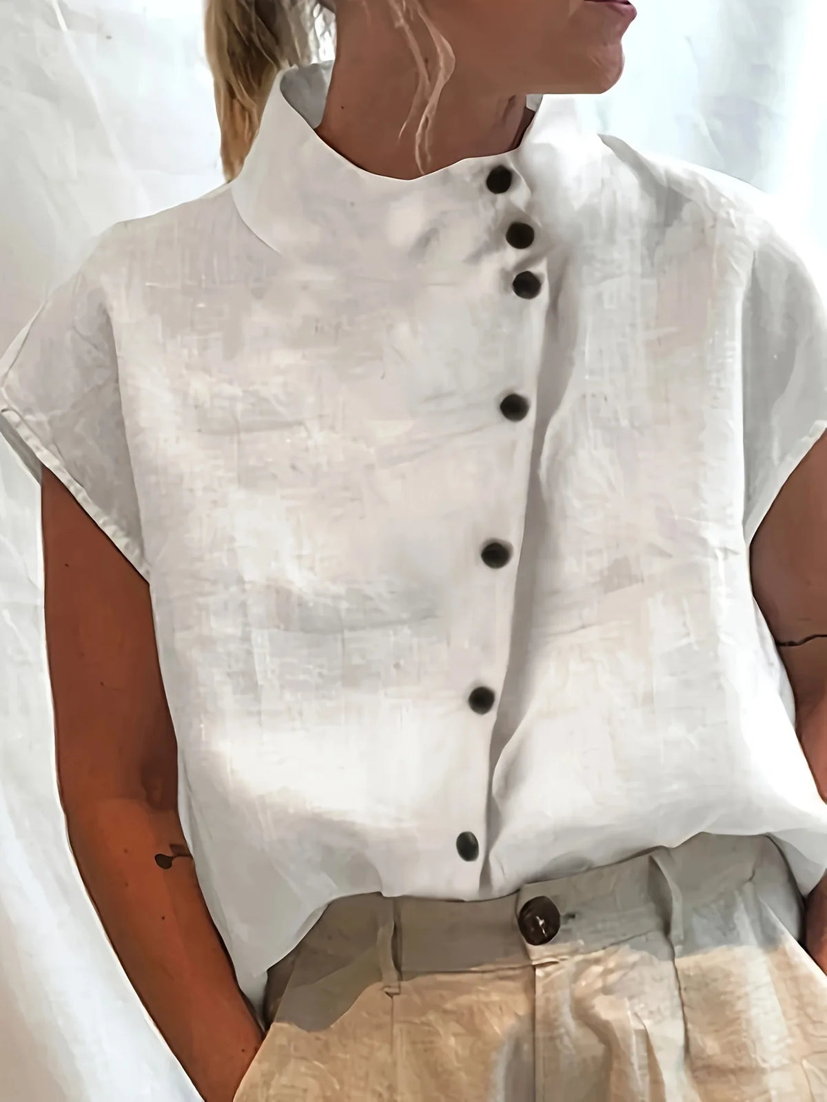 Women's Stand Collar Short Sleeve Button Front Shirt