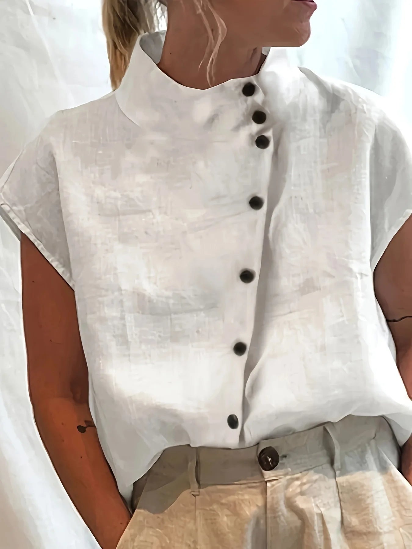 Women's Stand Collar Short Sleeve Button Front Shirt