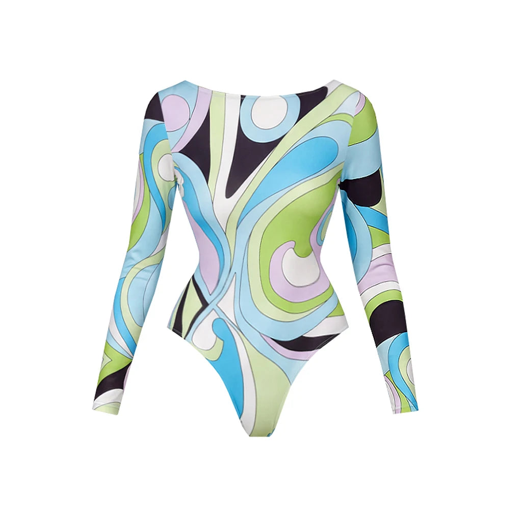 Printed Long Sleeve Swimsuit with Matching Skirt