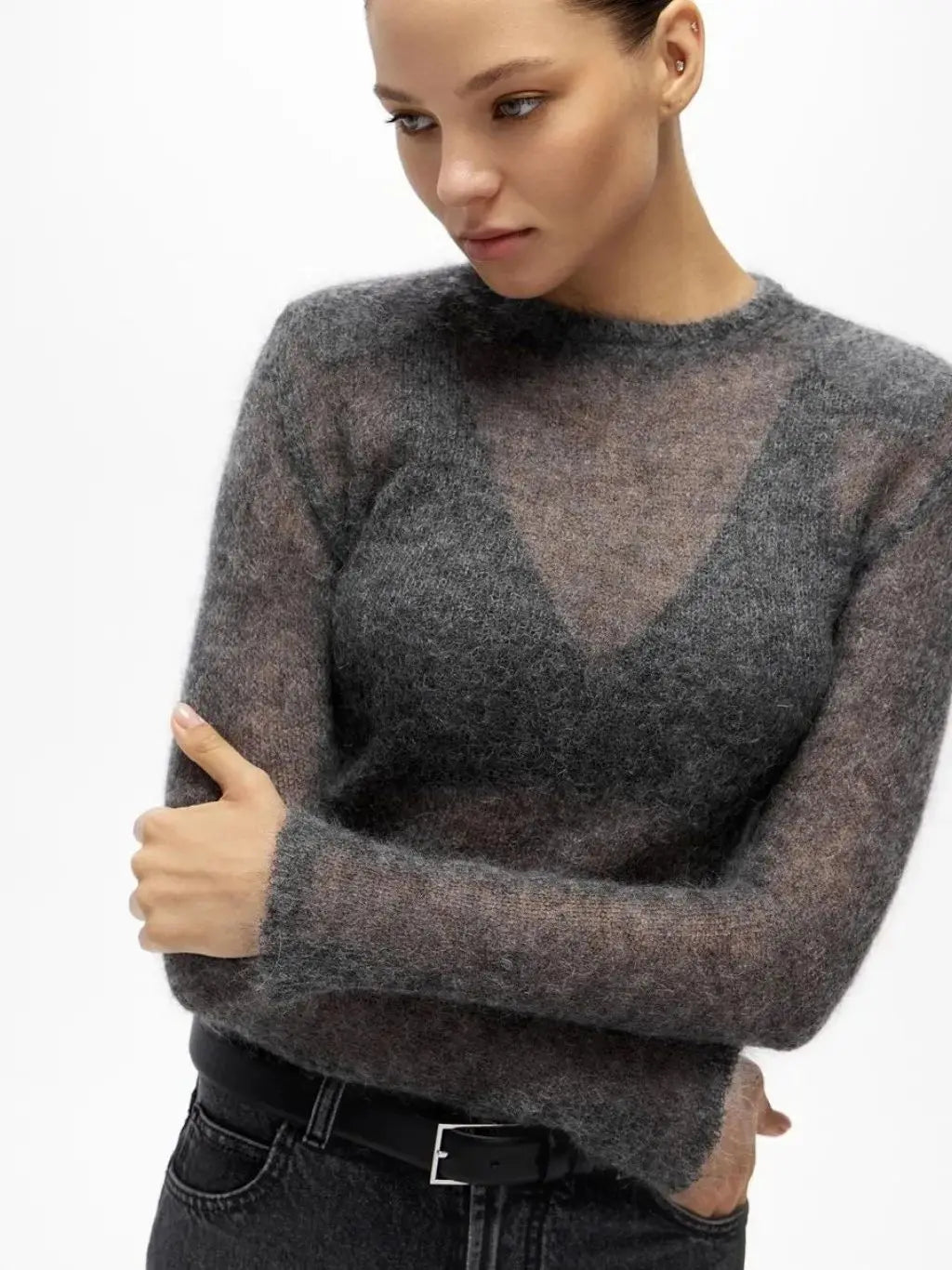 Women's Sheer Crew Neck Long Sleeve Sweater Casual Knit Layer