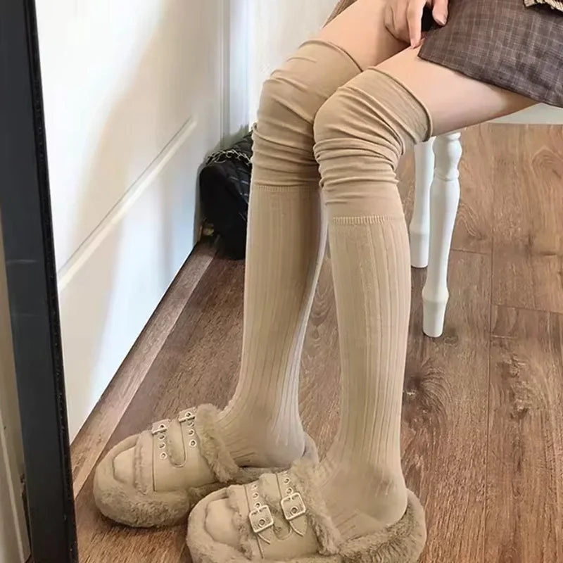 Solid Ribbed Long Socks with Over Knee Styling