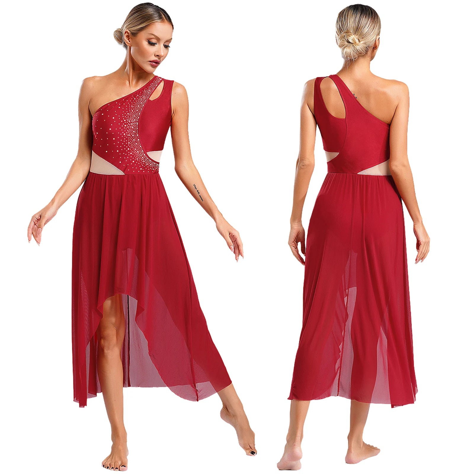 Women's Asymmetric Rhinestone Dance Dress with Split Mesh Skirt Styles