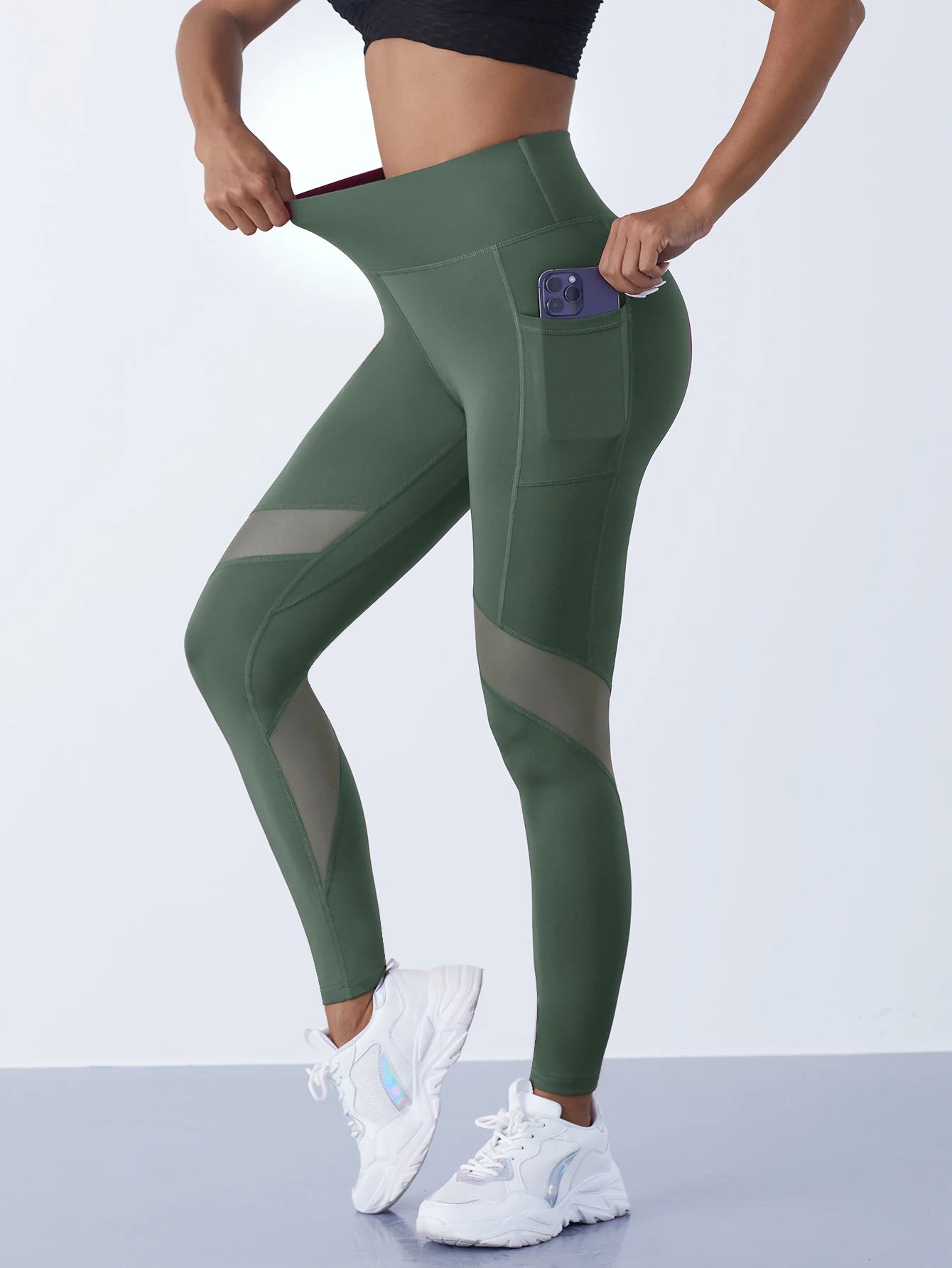 Women's Mesh Panel Side Pocket Panelled Full Length Leggings