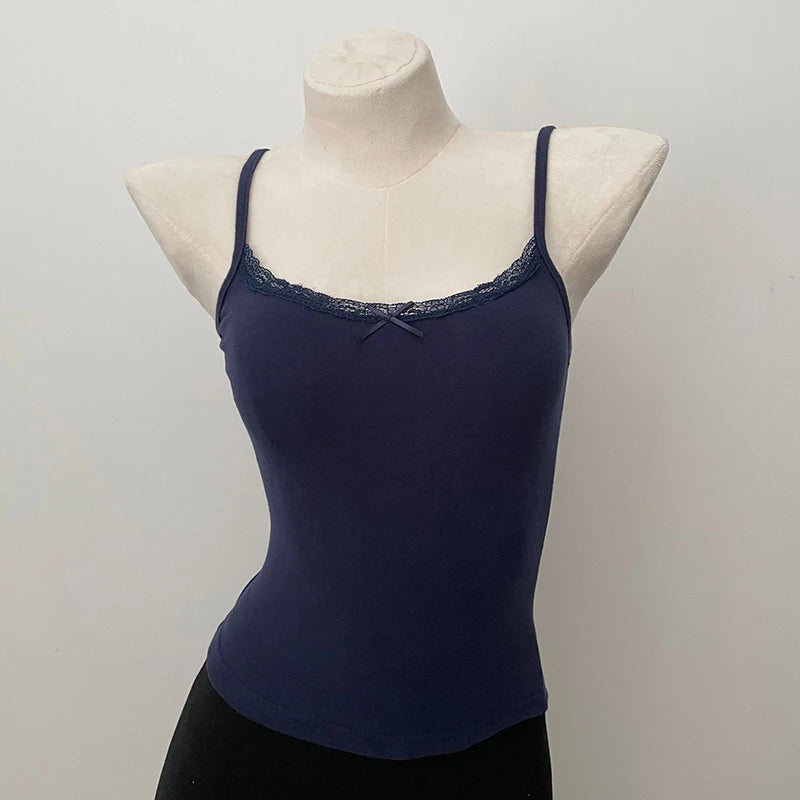 Women's Lace Trim Cotton Camisole with Bow Detail and Multiple Pattern Options