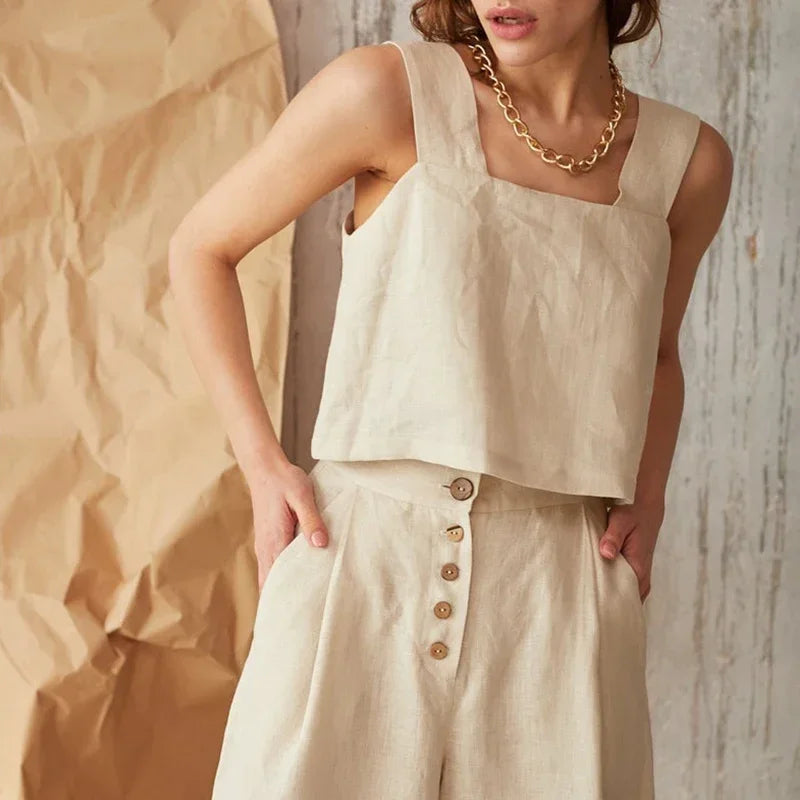 Women's Cotton-Linen Sleeveless Cropped Tank Top with Square Neck for Summer Outfits