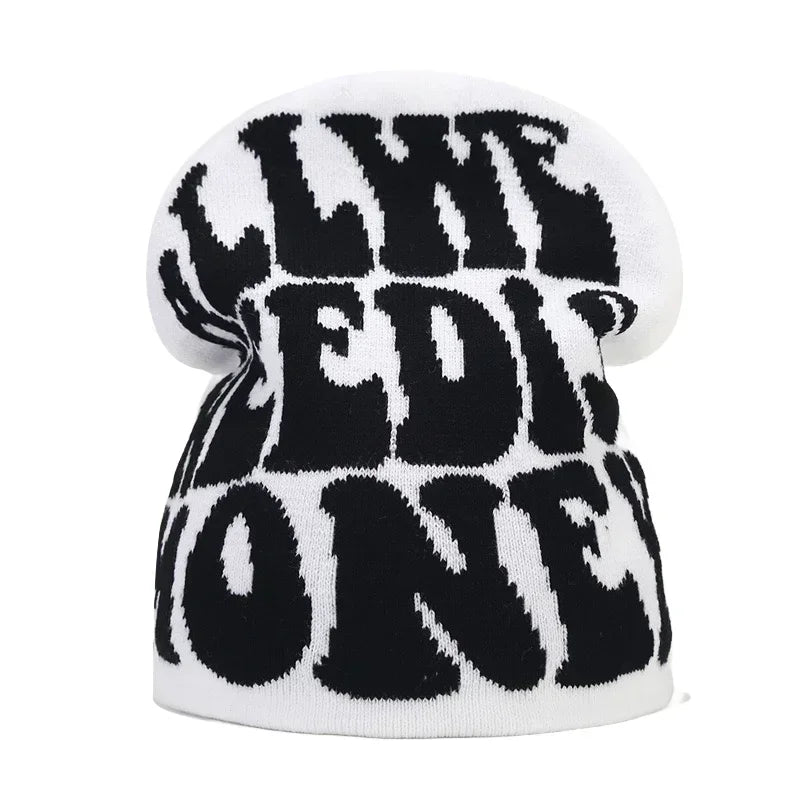Graphic Knit Beanie with Letter and Pattern Style Options