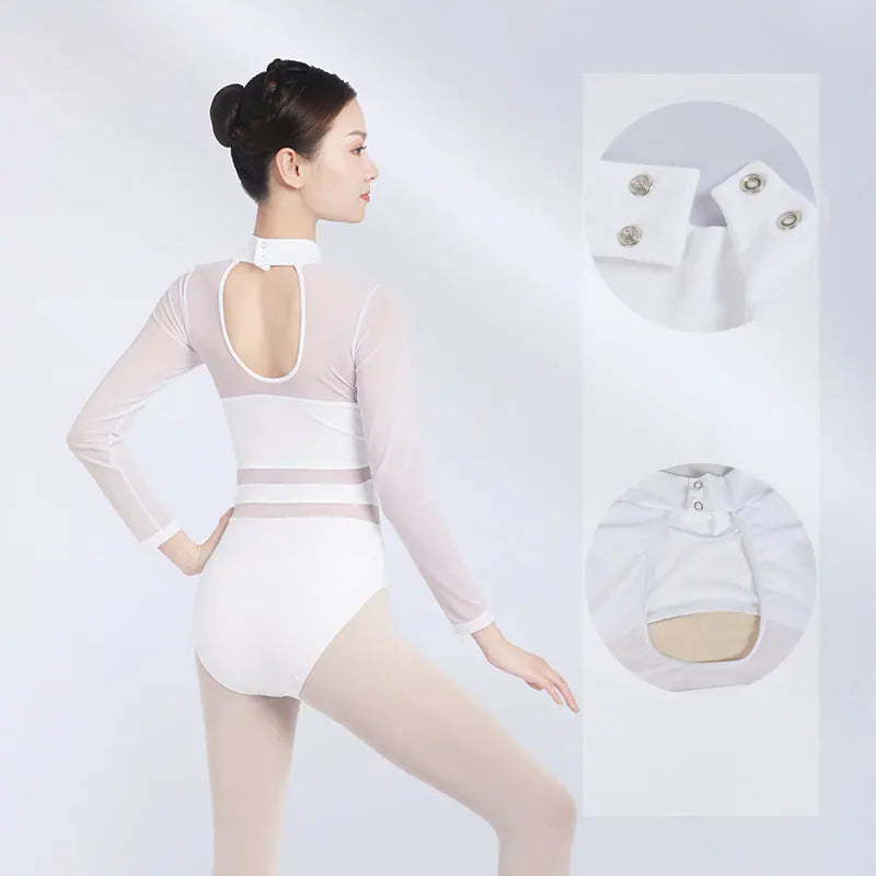Women's Long Sleeve Ballet Leotard with Mesh Waist and Open Back