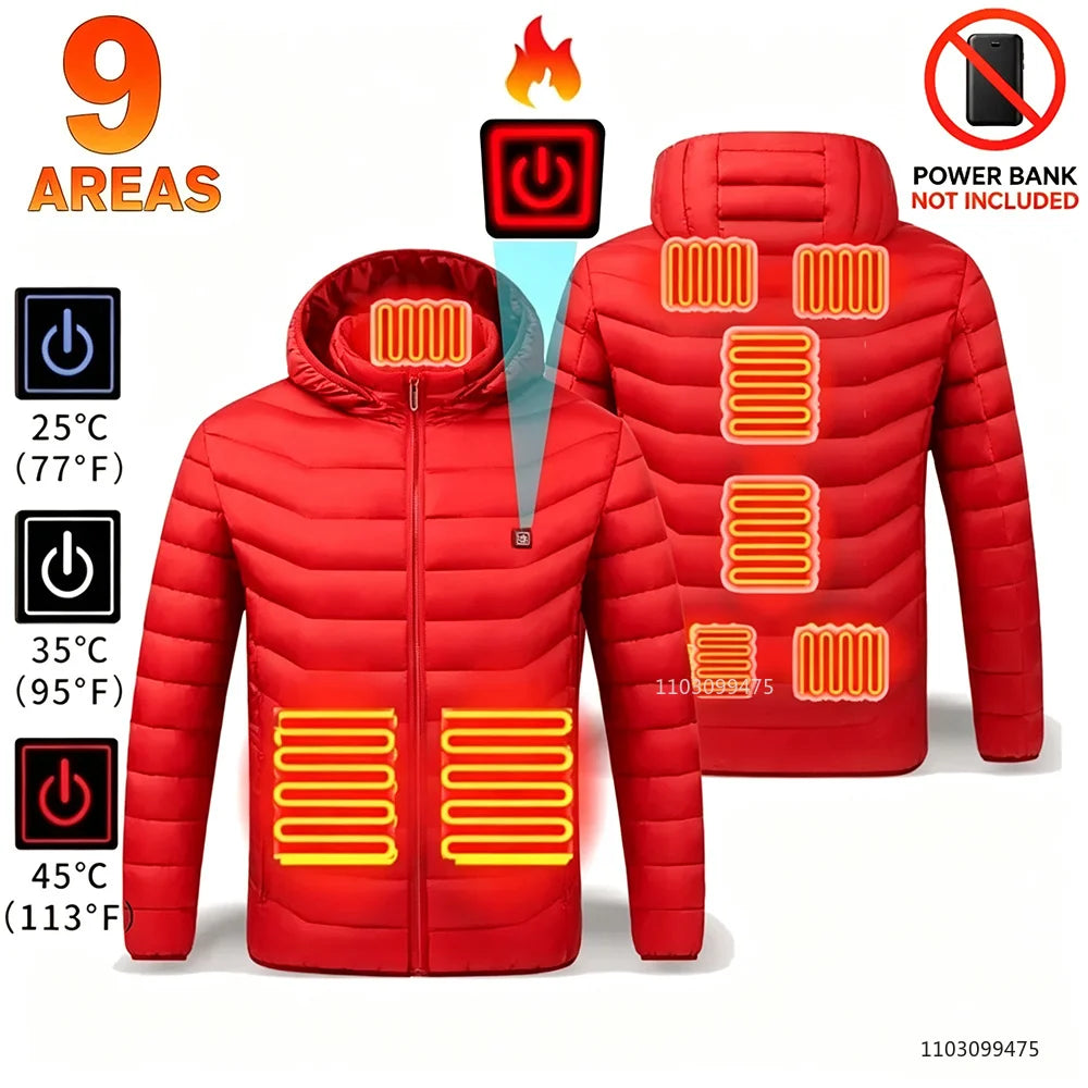 USB Heated Hooded Full Zip Long Sleeve Outdoor Jacket