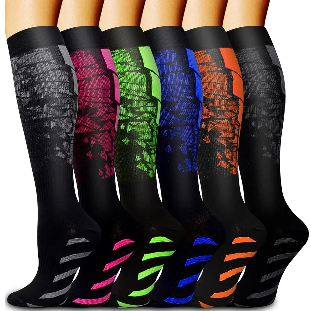 Patterned Knee High Compression Socks with Contrasting Panels